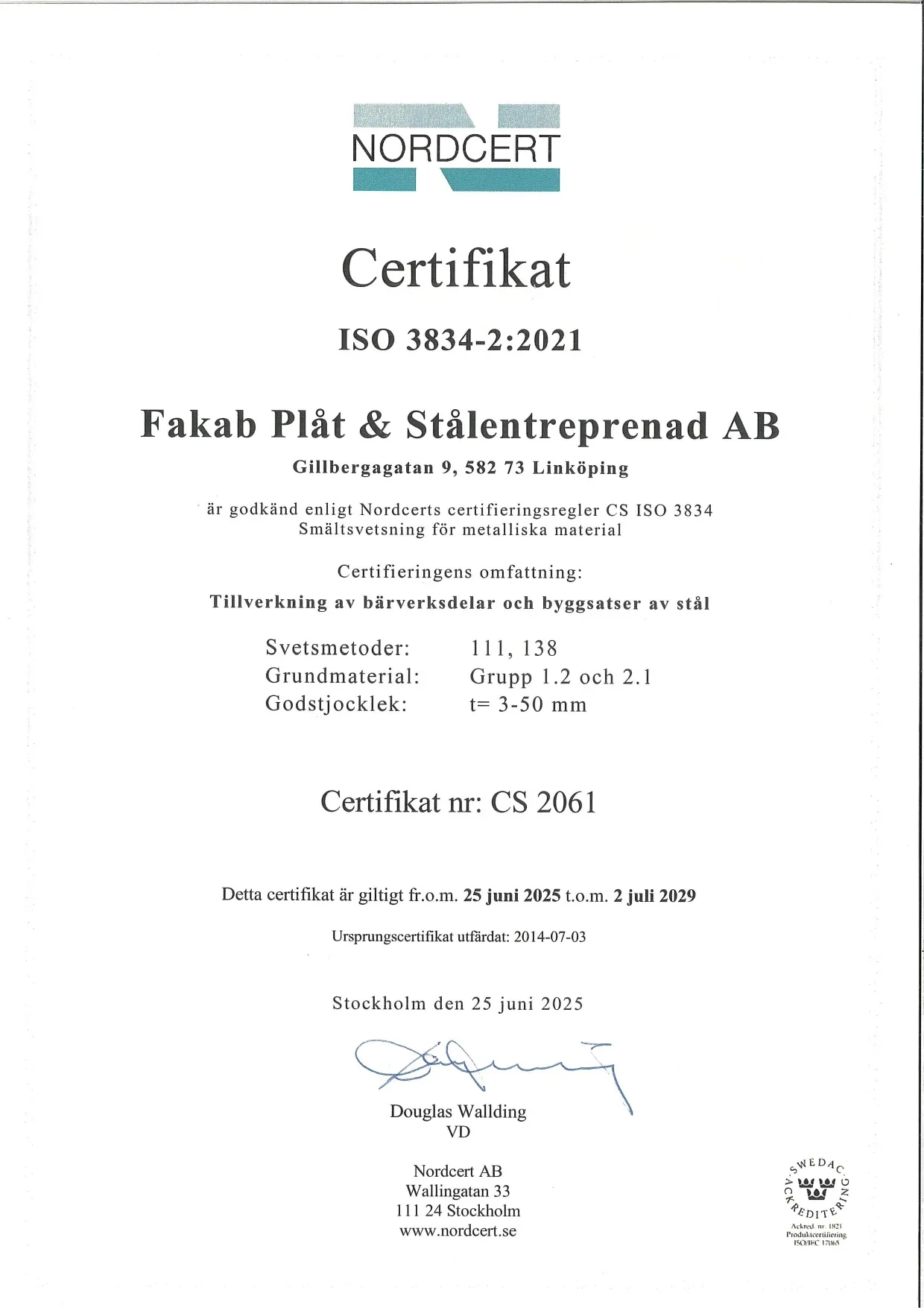 ISO 3834-2:2005 certifikat